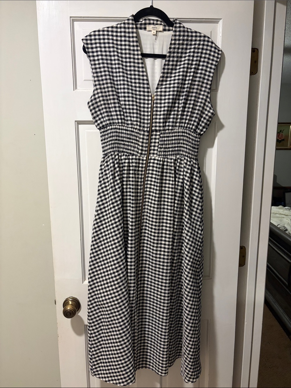 entro Black & White Gingham Zip-Front Midi Dress